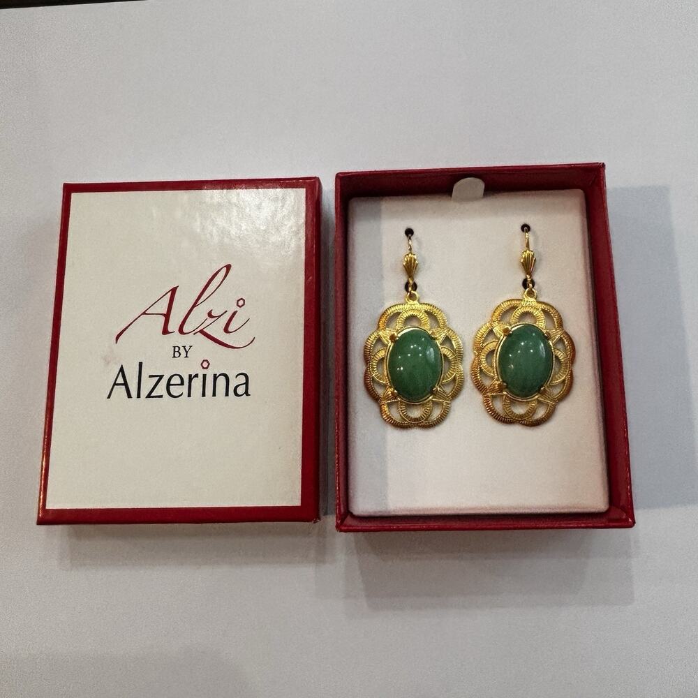 Alzi by Alzerina Earrings Jade Green Austrian Crystal 24KT Gold Plated Jewelry